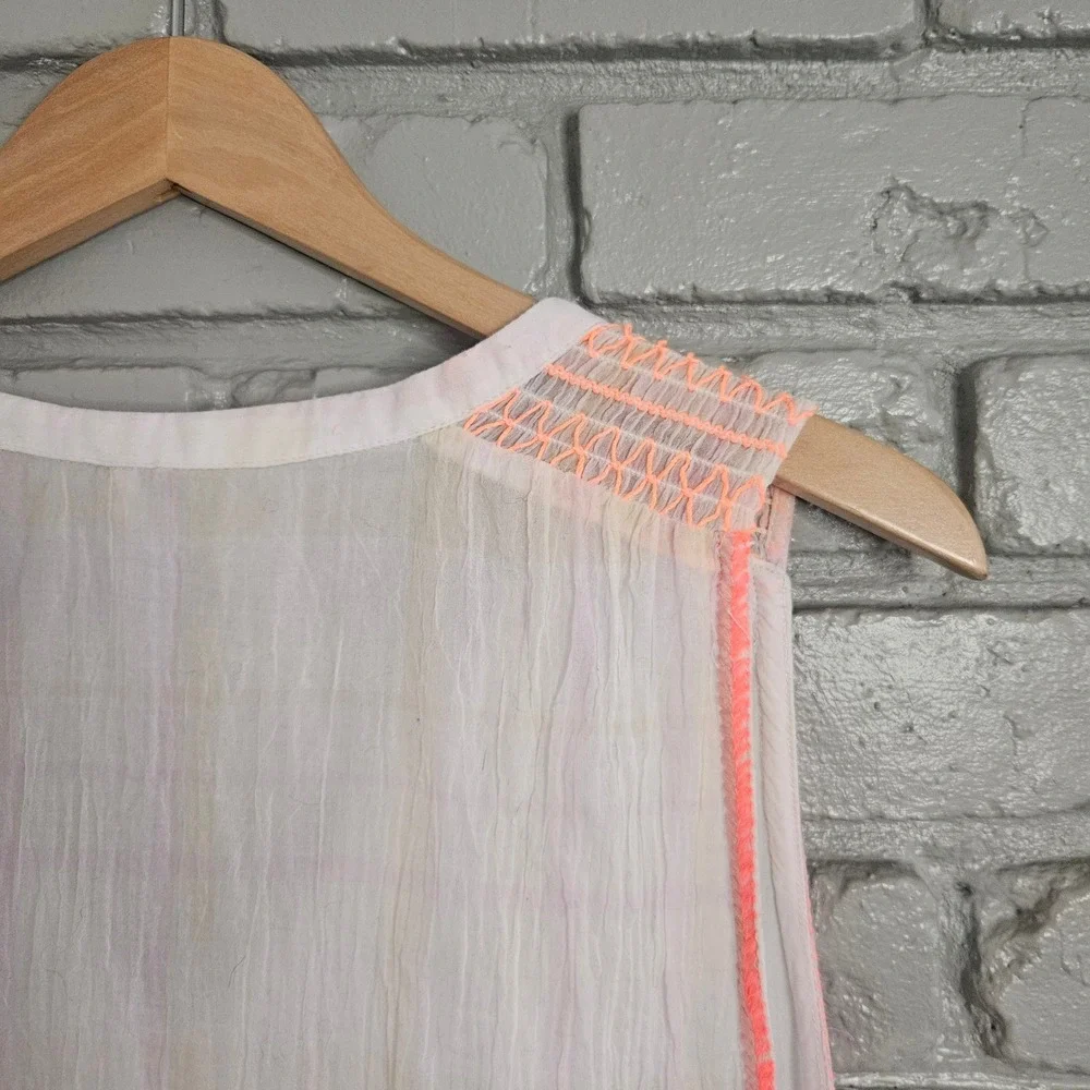 Free People White Cotton Gauze Embroidered Neon Orange Tunic Top Size‎ M Boho